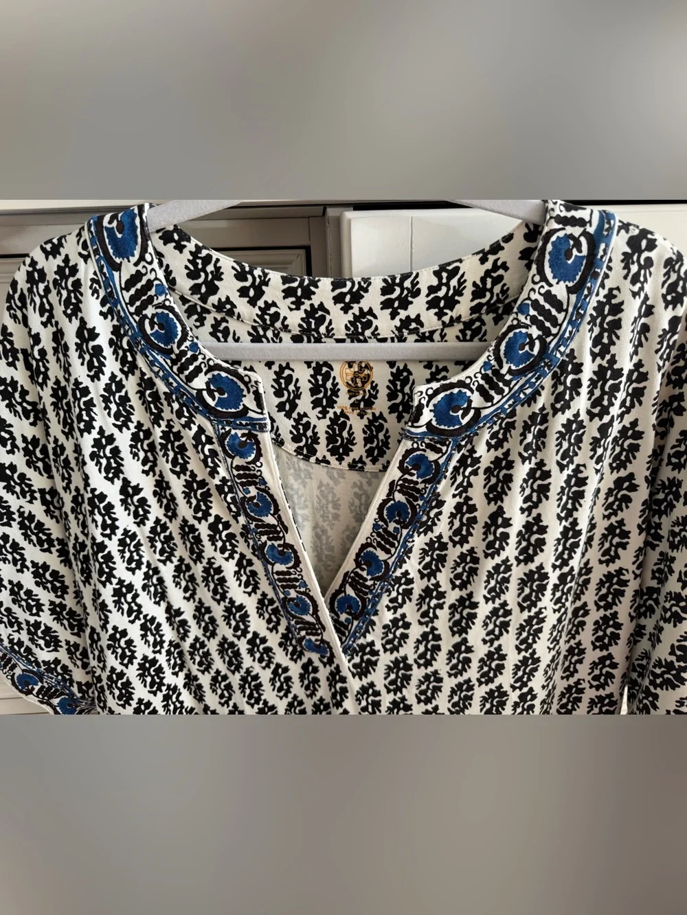 Tory Burch Dark Brown and Cream Printed Tunic Dress with Blue Trim